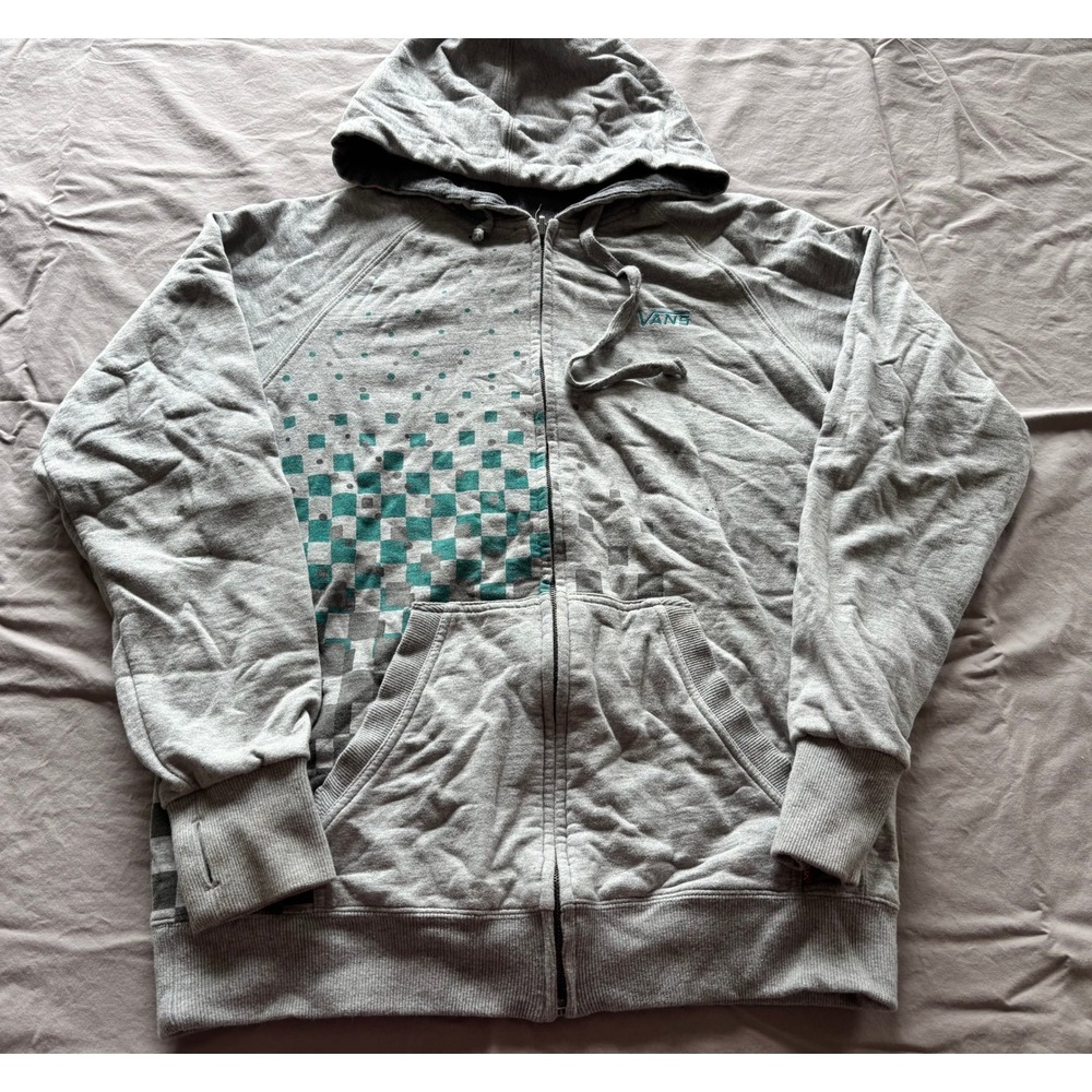 Vans Full Zip Hoodie Gray Teal Checkerboard Graphic Sweatshirt Mens Small